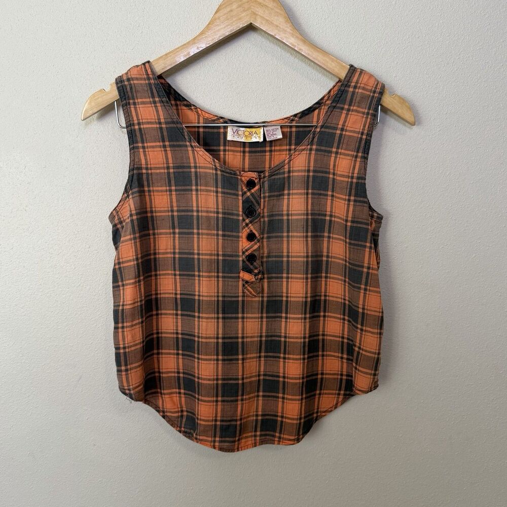 Vintage 90s Victoria Harbor Plaid Tank Top Womens S Orange Black Henley Grunge
